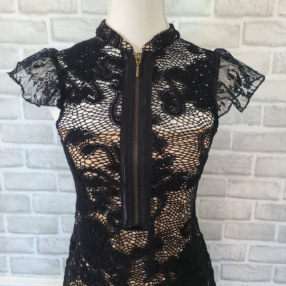 Vintage Ann Ferriday Y2K Black Lace Dress Fishnet Zipper Detail Ruffle Sleeve - Picture 7 of 11